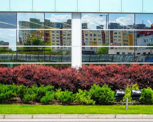 Modern office building facade with greenery in Bratislava