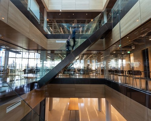Walking up the stairs in an office building